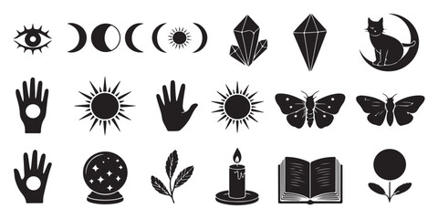 Collection of occult and mystical symbols featuring moon phases cat crystals sun hand eye moth magic book candle and floral elements. © Md