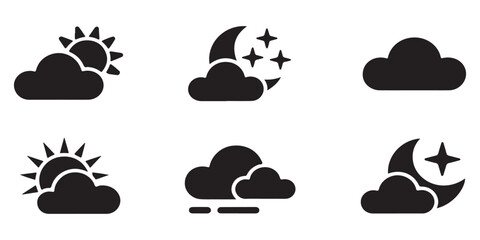 Obraz premium Weather forecast icons set featuring sun moon clouds and stars silhouettes for mobile app interfaces and meteorology report presentations.