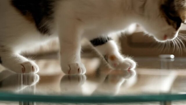 Curious Calico Cat Peeking Over Glass Table, Soft Bokeh Living Room Background
