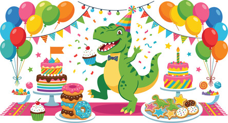 Cute cartoon dinosaur birthday party background vector illustration with balloons cakes donuts and confetti for kids celebration banners and event backdrop templates © AntarChandra