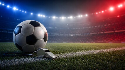 Fototapeta premium Final Whistle Soccer Moment with Blue White Red Stadium Atmosphere