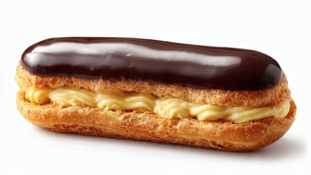 Chocolate eclair filled with sweet vanilla custard cream sits isolated on a clean white background.