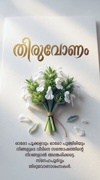 Thiruvonam festival vertical greeting card with elegant Malayalam calligraphy, a bouquet of traditional white Thumba poovu flowers, and soft sunlight shadows on textured white paper.