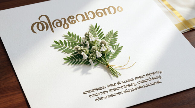 Thiruvonam Kerala festival card with elegant Malayalam calligraphy, traditional Thumba poovu flowers, and Mukkutti leaves on textured paper placed on a wooden table with soft sunlight shadows.