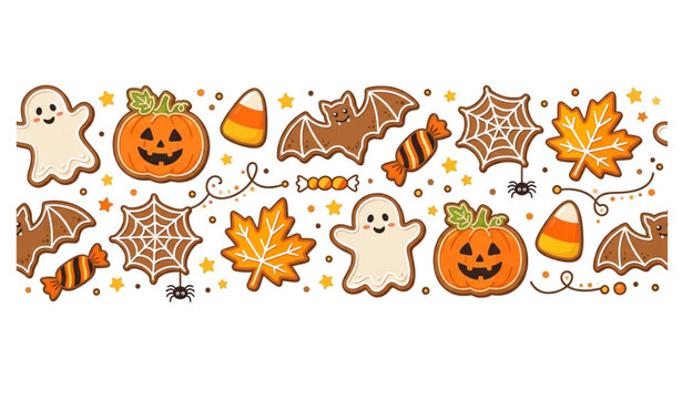 Halloween Seamless Border with Gingerbread Cookies Pumpkin Ghost and Candy Vector Illustration