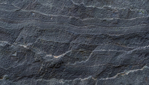 Close-up view of dark grey natural stone texture with distinct horizontal wavy layers and rough surface details.