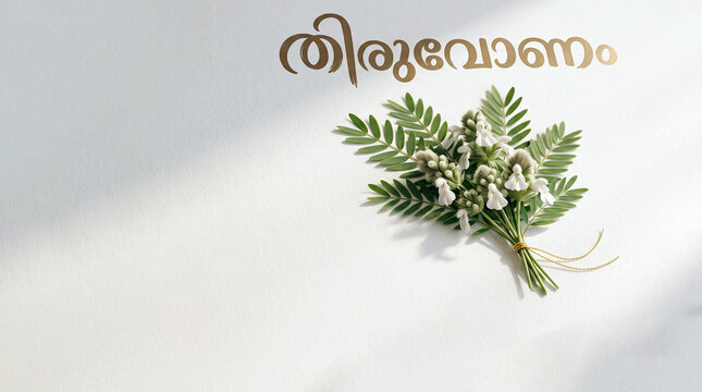 Minimalist Thiruvonam festival greeting backdrop with elegant Malayalam calligraphy, traditional Thumba poovu flowers, and Mukkutti leaves on a white background with soft shadows.