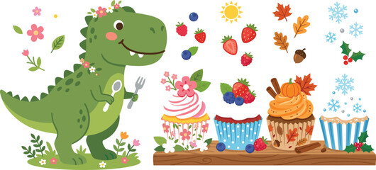 Cute seasonal four seasons dinosaur cupcake illustration set featuring green cartoon t-rex with spring summer autumn winter desserts for kids birthday templates © AntarChandra