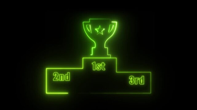 Glowing Green Neon Trophy Award Cup on Winners Podium Animation with Star on Black Background
