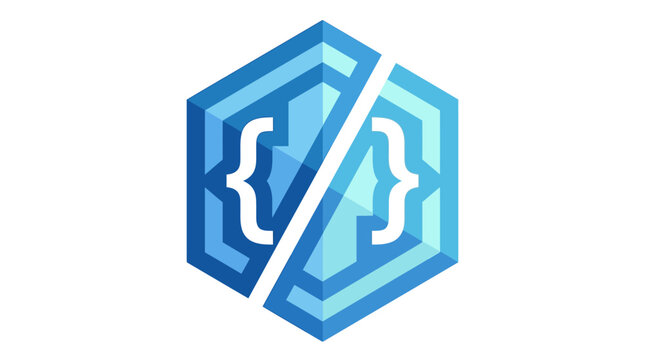Abstract blue hexagonal icon representing software development and programming code concepts.