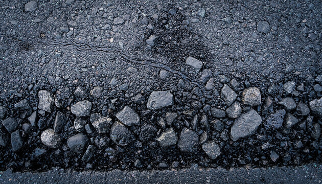 Close-up view of a dark asphalt road surface with a distinct layer of rough grey gravel and stones underneath, showing texture and material composition.