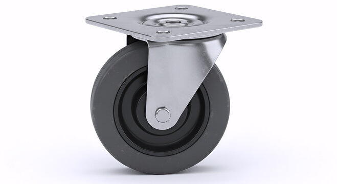 Close up of grey rubber industrial caster wheel with red brake pedal locked on white background