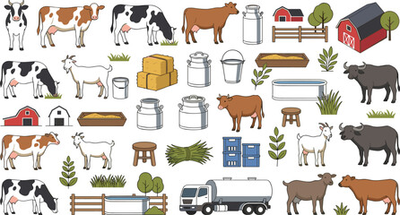Dairy farm cattle livestock and milk production illustration set featuring cows goats milk cans barns and tanker trucks for agricultural branding design © AntarChandra