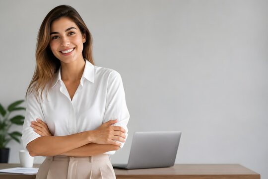 Professional young businesswoman smiling with crossed arms standing in modern office, confident female entrepreneur posing for business portrait with laptop on desk, corporate lifestyle photography