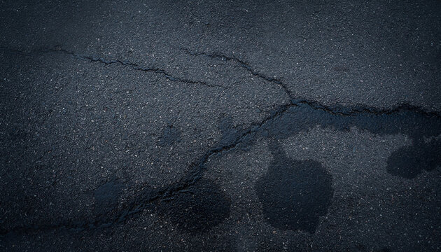 A close-up view of dark, cracked asphalt pavement with wet patches and a rough texture.