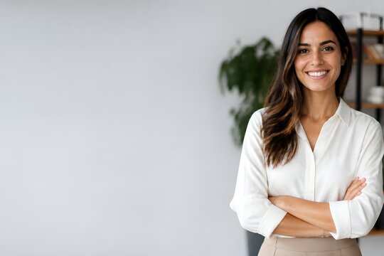 Professional portrait of a confident smiling young businesswoman with arms crossed standing in a bright modern office, successful female entrepreneur looking at camera, corporate business concept