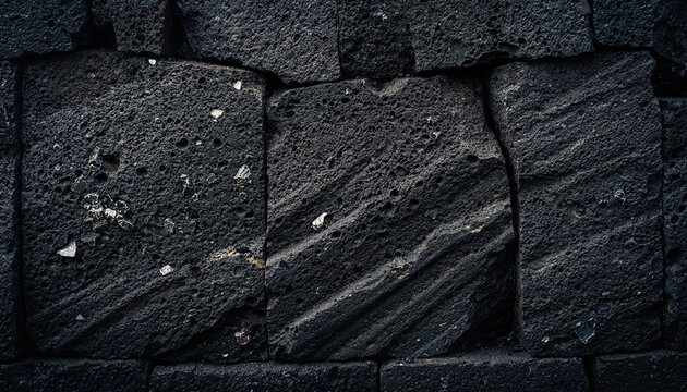 Close-up of a dark, rough, and textured stone wall, possibly volcanic basalt, showing natural patterns and rugged surface details.