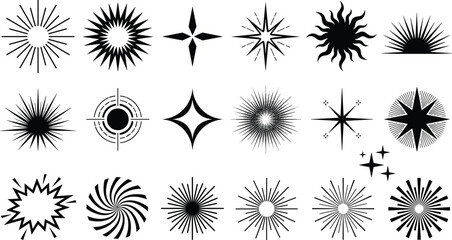 Obraz premium Vector collection of black sunburst starburst elements star icons sparkles light beams firework bursts and geometric sparkles isolated on white background