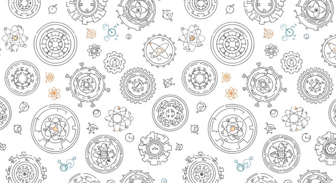 Intricate steampunk gears and clockwork elements seamless pattern on white background, line art