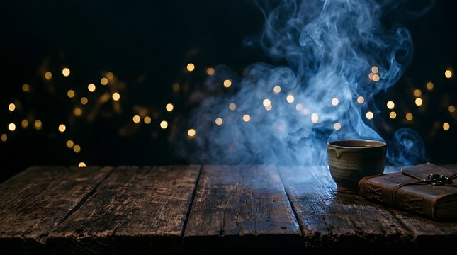Happy halloween spooky nighttime scene with steaming cup and leather book