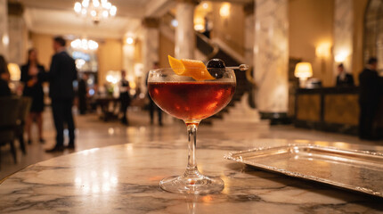 Naklejka premium Classic Manhattan Cocktail on Marble Bar in Luxury Hospitality Setting