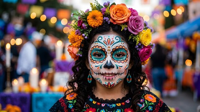 Happy halloween woman with traditional calavera makeup and floral crown