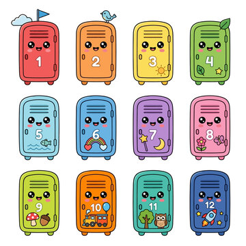 Colorful cartoon suitcases in row.