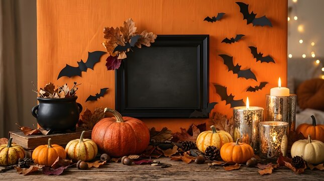 Happy halloween decorations with pumpkins bats and candles