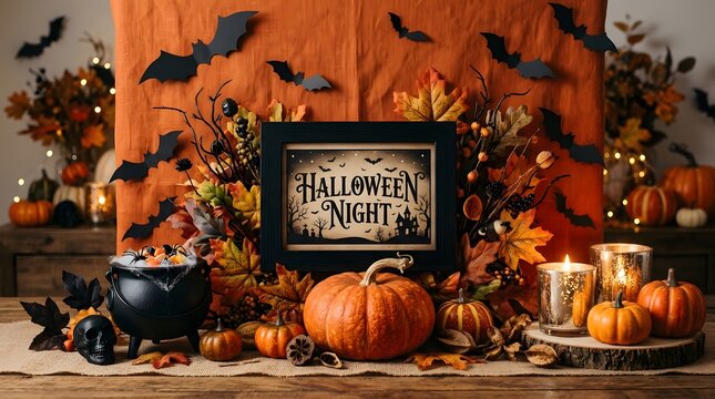 Happy halloween night decorations with pumpkins bats and candles