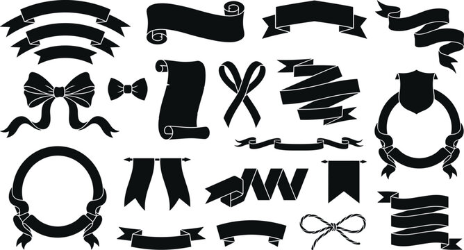 Vintage ribbon silhouette vector set containing blank banners scrolls classic bow ties circular frames flags and decorative black design labels for text placement