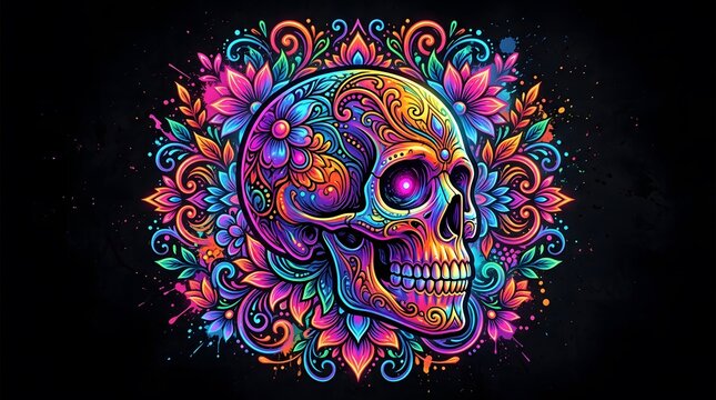 Happy halloween vibrant neon skull floral design for festive celebrations