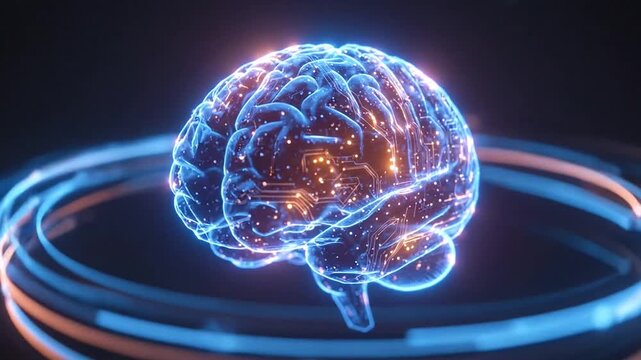 Abstract glowing human brain with digital circuits and radiating light beams against a dark background