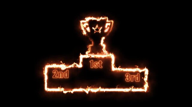 Glowing Burning Fire Neon Trophy Award Cup on Winners Podium Animation with Star on Dark Background 
