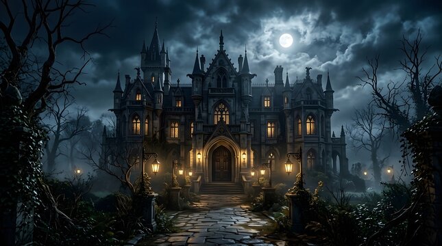 Happy halloween spooky gothic mansion under a full moon dark fantasy art