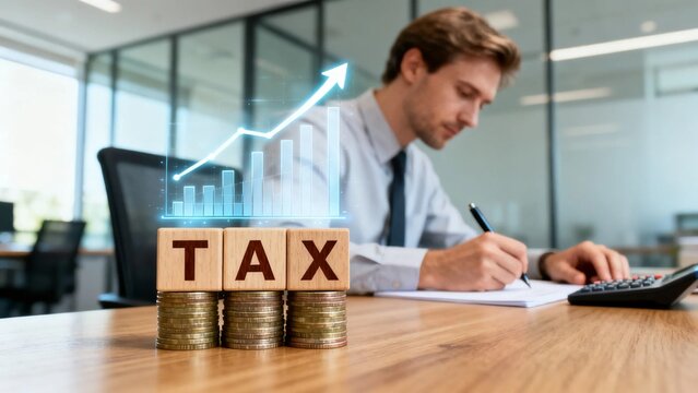 Annual tax deduction and financial budgeting concept with growing business charts, digital accounting analysis featuring corporate finance, revenue and investment planning