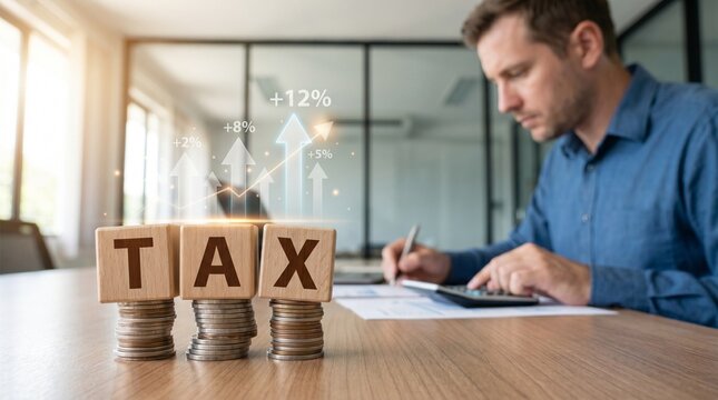 Business finance and taxation concept with rising charts and budget analysis, corporate accounting strategy featuring fiscal planning, revenue growth and compliance