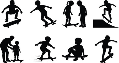 Set of black silhouettes of kids skateboarding, jumping on ramps, and learning with parents isolated on white © Sohel