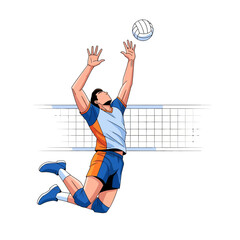 Obraz premium Male Volleyball Player Jumping to Block Ball Over Net Illustration