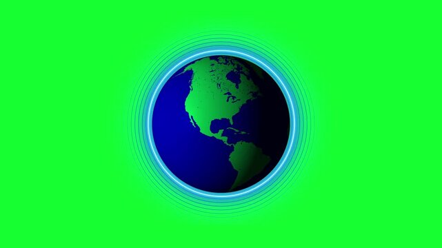 Seamless rotating planet earth animation with glowing atmosphere shield on green screen.