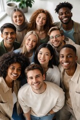 Obraz premium Diverse group of smiling young adults looking up at the camera indoors.