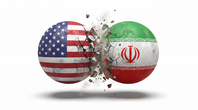 Two spheres decorated with national flags colliding and shattering into fragments representing political conflict and diplomatic tension in global affairs with displays two