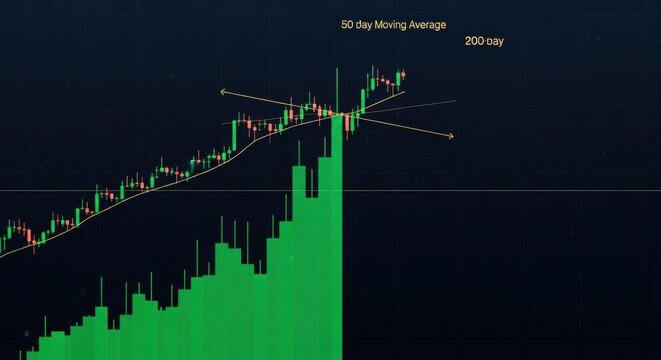 Green candlestick chart showing stock market uptrend.