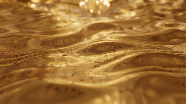Golden liquid ripples with metallic texture, flowing molten gold background, luxurious wavy surface for elegant branding and backdrop