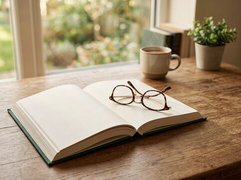 Open Book with Reading Glasses on Wooden Desk