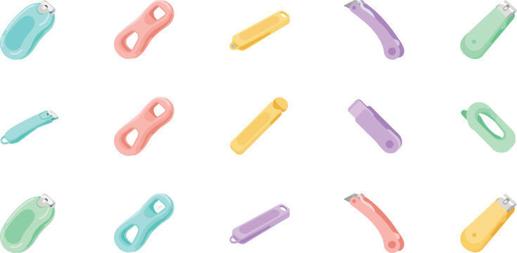 Set of colorful nail clippers and grooming tools in flat vector design for beauty salon and personal care routine