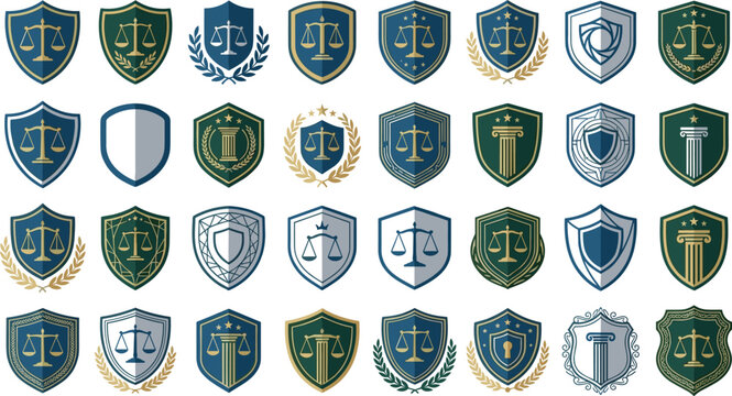 Law firm shield logo emblem vector set featuring scales of justice and classical pillars for corporate attorney branding legal consultant badges and security icons