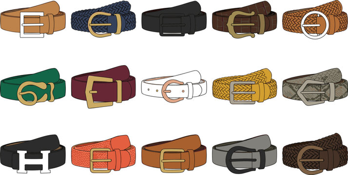 Leather belt vector collection featuring various casual and formal waist straps with metal buckles for fashion design and e-commerce advertising