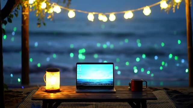Cozy Laptop Setup by the Ocean at Dusk with String Lights and Lantern
