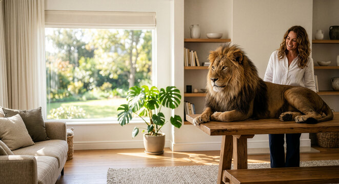 A female owner gazing warmly at a male lion relaxing in a sunlit living room (pet well-being, copy space available); dreams and aspirations