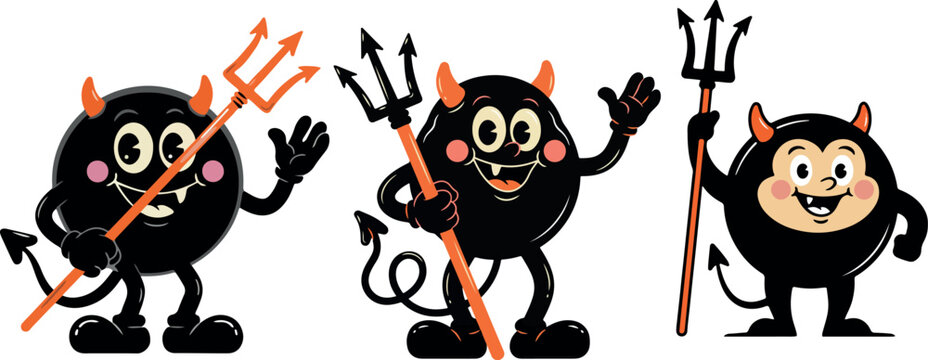 Cute cartoon devils with tridents in various poses